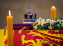The Imperial State Crown upon the coffin carrying Queen Elizabeth II in Westminster Hall for the Lying-in State 