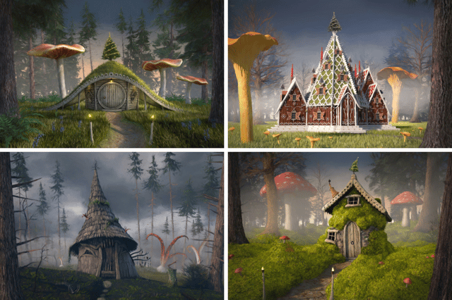 Lilidorei at The Alnwick Garden CGI pictures. Dwarves-Gnome House (top left), Elf House (top right), Hobgoblin House (bottom left), Pixie House (bottom right)