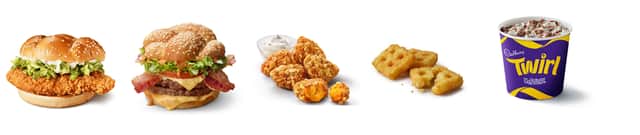 The five new items available on the McDonald’s menu (L-R) The McCrispy, BBQ Bacon Stack, nacho cheese bites, potato waffles and Twirl McFlurry.