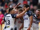 England celebrate Dom Young’s try against Samoa during World Cup opener