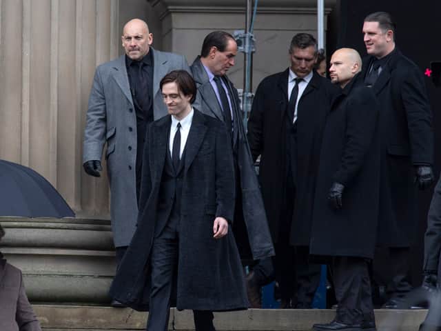 Robert Pattinson was spotted during filming of The Batman movie outside St. George’s Hall, in 2021. Image: Colin McPherson/Getty