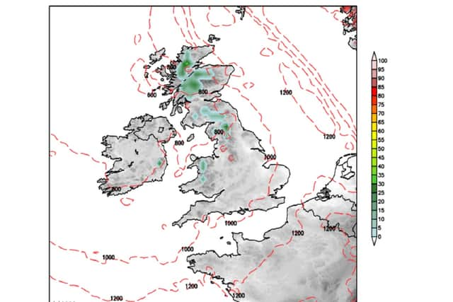 The Snow Risk Map from Netweather shows snow arriving in the Scottish Highlands  on Tuesday, and creeping into parts of Cumberland, Northumberland, Westmorland, Durham, Yorkshire and Wales by Friday