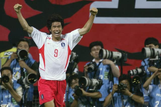 Ki Hyeon Seol of South Korea celebrates scoring the late equaliser during the FIFA World Cup Finals 2002 Second Round match against Italy (Photo by Brian Bahr/Getty Images)