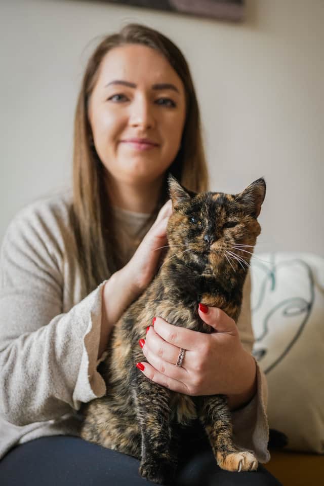 Flossie, pictured here with new owner Vicki, has been named the world’s oldest cat by the Guiness Book of World Records.