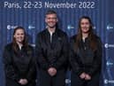Meganne Christian (L), John McFall (C), and Rosemary Coogan (R) pose during a ceremony to unveil the European Space Agency new class of career astronauts in Paris on November 23, 2022