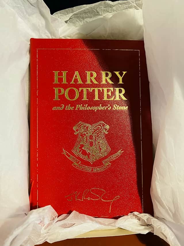 The leather-bound special 15th anniversary edition of Harry Potter and the Philosophers Stone - published exclusively for the competition in 2012.