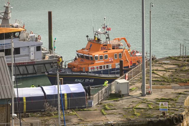 An RNLI life boat arrives back in port after taking part in a rescue mission in the English Channel.
