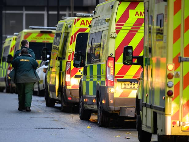 A queue of ambulances are seen outside the Royal London Hospital emergency department on November 24, 2022. That week, nearly three in 10 ambulances were queuing outside hospitals in England. 