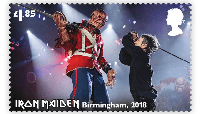 Lead singer Bruce Dickinson with ‘Eddie’ in 2018 (Photo: Royal Mail)