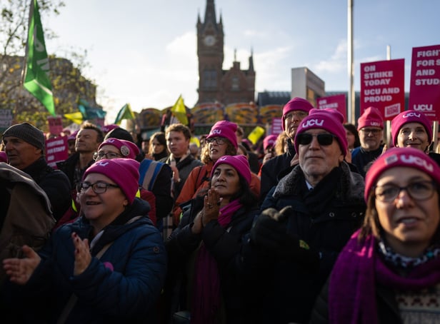 <p> Representatives of National Education Union (NEU), Communication Workers Union (CWU) and the public-service union Unison join a rally by the University and College Union (UCU).</p>