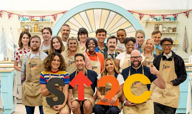 Pictured is the Celebrity GBBO line-up for 2023. Back Row - Ellie Taylor, Joe Thomas, Paddy McGuinness, Coleen Nolan, Tom Daley, Adele Roberts. Lucy Beaumont, David Morrissey. Middle Row - Tim Key, Jessica Hynes, Gemma Collins, AJ Odudu, Mike Wozniak, Judi Love, Deborah Meaden, Jay Blades. Front Row - Rose Matafeo, David Schwimmer, Jesy Nelson, Tom Davis. Pic: Channel 4