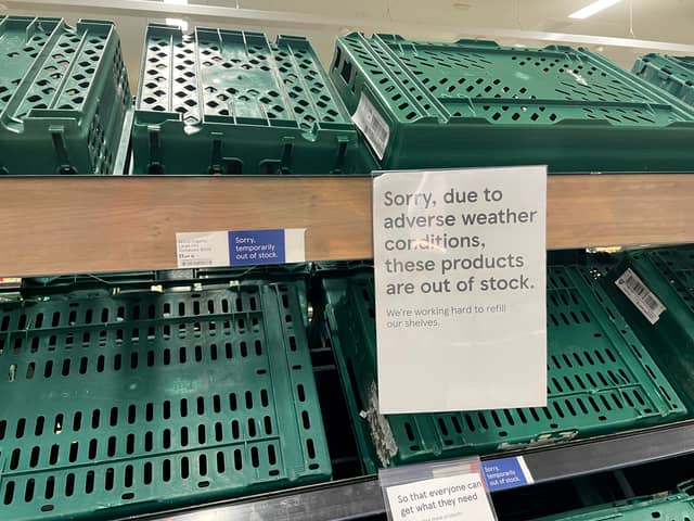 Empty shelves are seen in the fruit and vegetable aisles of a Tesco supermarket on February 22, 2023 in Burgess Hill.