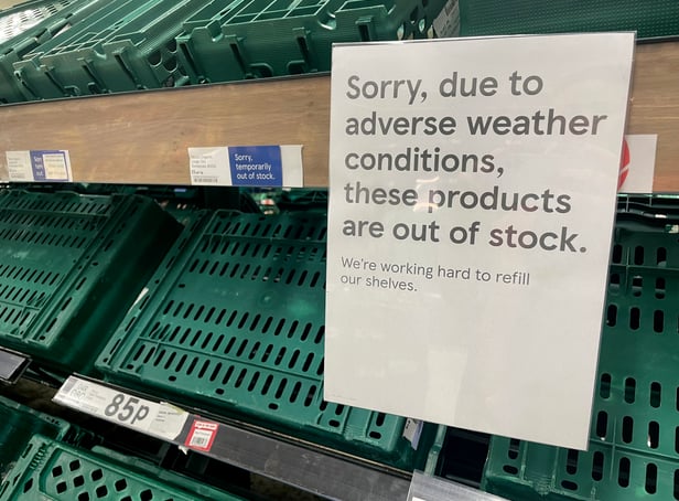 <p>Empty shelves are seen in the fruit and vegetable aisles of a Tesco supermarket on February 22 in Burgess Hill.</p>