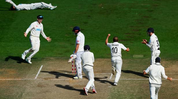 Neil Wagner of New Zealand celebrate the wicket of during day five of the Second Test Match between New Zealand and England at Basin Reserve on February 28, 2023 in Wellington, New Zealand. (Photo by Hagen Hopkins/Getty Images)