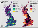 Maps show historical expected annual flood damage (EAD) in GBP billion at 2020 values, and calculated EAD percentage increase with 1.8 degrees global warming. (Credit: University of Bristol and Fathom)