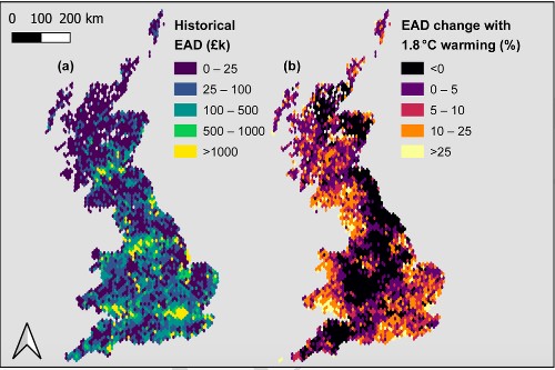 <p>Maps show historical expected annual flood damage (EAD) in GBP billion at 2020 values, and calculated EAD percentage increase with 1.8 degrees global warming. (Credit: University of Bristol and Fathom)</p>