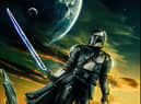 A promotional image for The Mandalorian S3, depicting Pedro Pascal as Din Djarin in front of a yellow and green sky (Credit: Disney+)