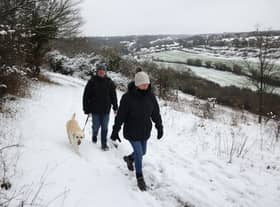 A couple walk their dog in the snow at Dartland Banks nature reserve near Hampstead.
