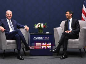 US President Joe Biden and British Prime Minister Rishi Sunak participate in a bilateral meeting during the AUKUS summit on March 13, 2023 in San Diego, California. President Biden hosts British Prime Minister Rishi Sunak and Australian Prime Minister Anthony Albanese in San Diego for an AUKUS meeting to discuss the procurement of nuclear-powered submarines under a pact between the three nations. (Photo by Leon Neal/Getty Images)