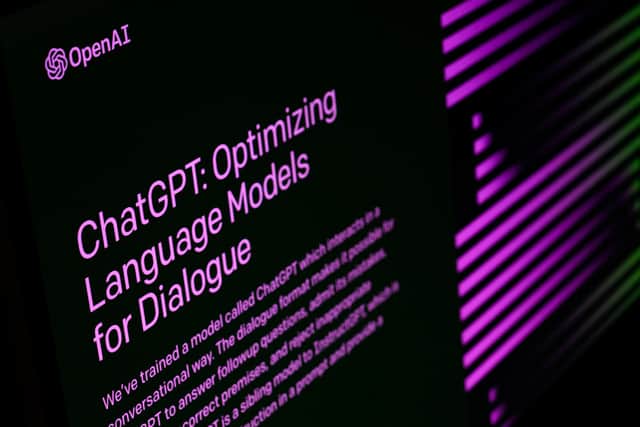 The welcome screen for the OpenAI “ChatGPT” app is displayed on a laptop screen on February 03, 2023 in London, England. 