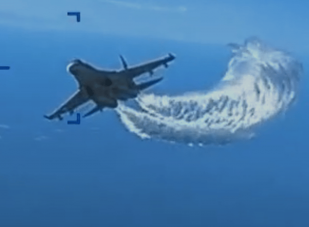 <p>The US military has released dramatic footage of a Russian jet crashing into one of its drones over the Black Sea, after the Kremlin's denial that its SU-27 clipped the propeller of the drone</p>