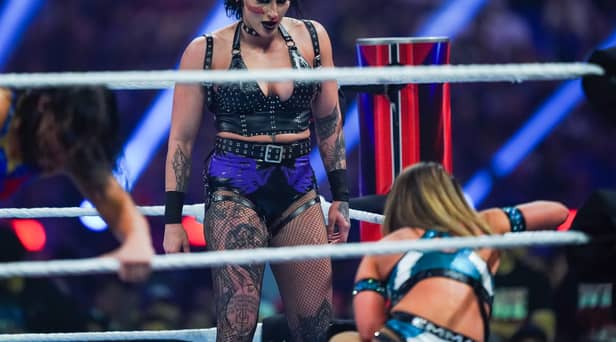 Rhea Ripley looks on during the WWE Royal Rumble at the Alamodome on January 28, 2023