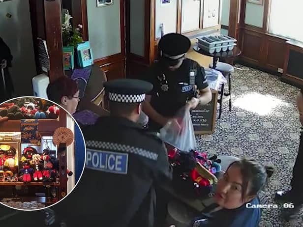 CCTV footage shows police storming a couple's Essex pub and seizing their golliwog dolls, saying the toys were a suspected hate crime (Photos: SWNS)