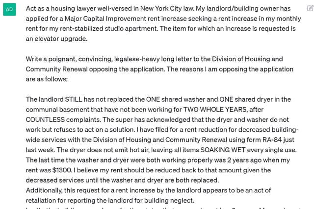 The 28-year-old turned to the chatbot after she feared she wouldn’t be able to get her point across on her own, and asked the AI to act like a housing lawyer and draft an email opposing the rent increase.