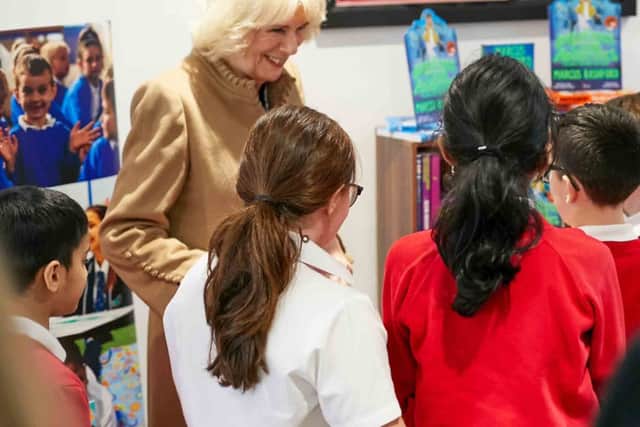 Pupils from St Peter's Catholic School met the Queen Consort