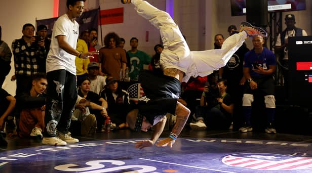B-Boy Gravity, also known as Miguel Rosario, competes in the Semifinal battle against B-Boy Tahu during the Breaking For Gold USA regional competition at Industria on April 22