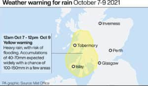 Weather warning for rain October 7-9 2021. Infographic PA Graphics.