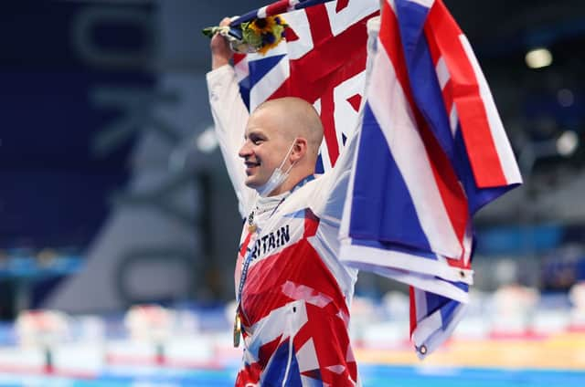 Adam Peaty of Team Great Britain celebrates after winning the gold medal in the Men's 100m Breaststroke Final on day three of the Tokyo 2020 Olympic Games (Photo: Maddie Meyer/Getty Images)