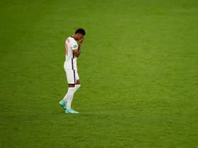 Marcus Rashford reacts after missing England's third penalty in the penalty shoot out during the UEFA Euro 2020 Championship Final against Italy (Photo by John Sibley - Pool/Getty Images)

