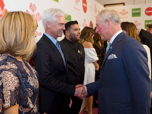 Phillip Schofield speaks to Prince Charles, now King Charles III, at The Prince’s Trust Awards at The London Palladium on March 6, 2018.