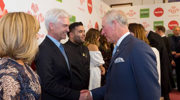 Phillip Schofield speaks to Prince Charles, now King Charles III, at The Prince’s Trust Awards at The London Palladium on March 6, 2018.