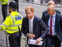 Prince Harry, Duke of Sussex, arrives to the Mirror Group Phone hacking trial at the Rolls Building at High Court on June 7, 2023 in London, England