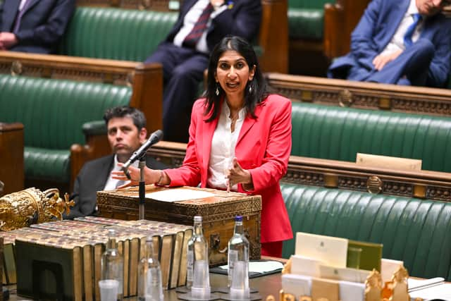 Photo issued by UK Parliament of Home Secretary Suella Braverman delivering a  statement on illegal migration in the House of Commons, London. Credit: UK Parliament/Jessica Taylor /PA Wire 