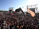 Crowds watch the performances on Day 3 of Glastonbury Festival 2023 on June 23, 2023 in Glastonbury, England. (Photo by Leon Neal/Getty Images)