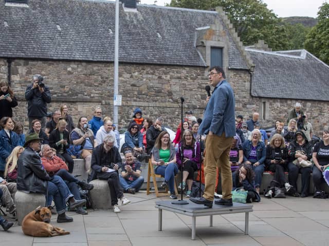 Graham Linehan performs outside Scottish Parliament days after Edinburgh Fringe cancelled Father Ted creator