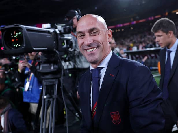  President of the Royal Spanish Football Federation Luis Rubiales (C) reacts at the end of the Australia and New Zealand 2023 Women’s World Cup final football match between Spain and England at Stadium Australia in Sydney on August 20.