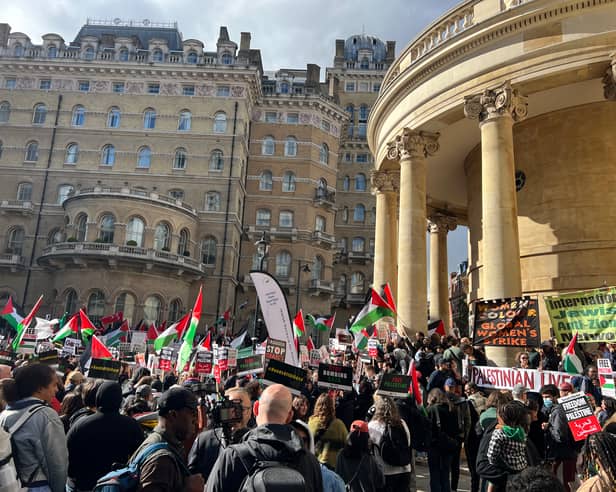 March For Palestine protesters outside All Souls Langham Place, near the BBC's Portland Place headquarters. (Photo by André Langlois)