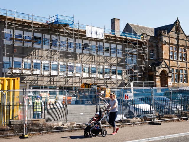 A general view of scaffolding at Balbardie Primary School on September 04, 2023 in Bathgate, Scotland, after its buildings were found to contain RAAC. Credit: Getty Images