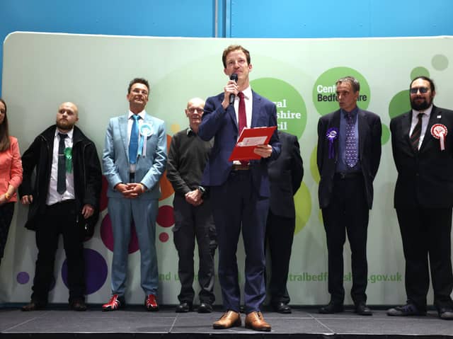 Alistair Strathern gives his victory speech in Mid Bedfordshire. Credit: Getty