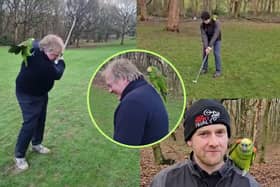 The friendly parrot decided it wanted in on the action, and perched on the backs and shoulders of two of the golfers as they attempted to take their shots