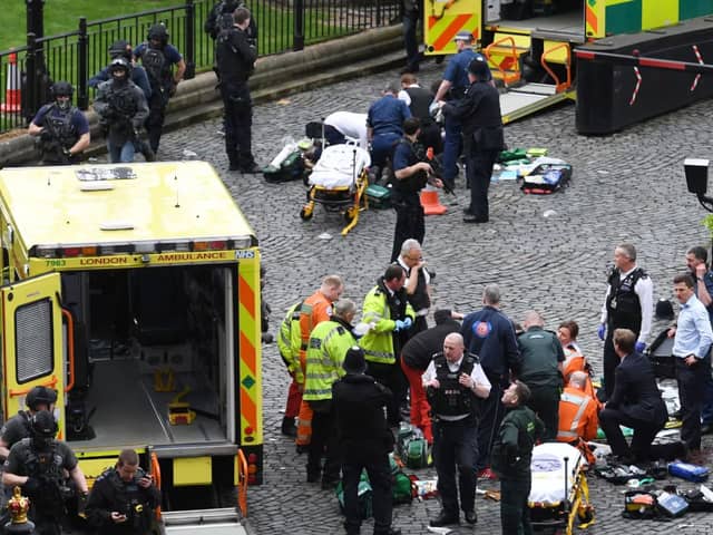 The scene at the Palace of Westminster after the attack in March 2017, which lasted 82 seconds.
Photograph: Stefan Rousseau/PA