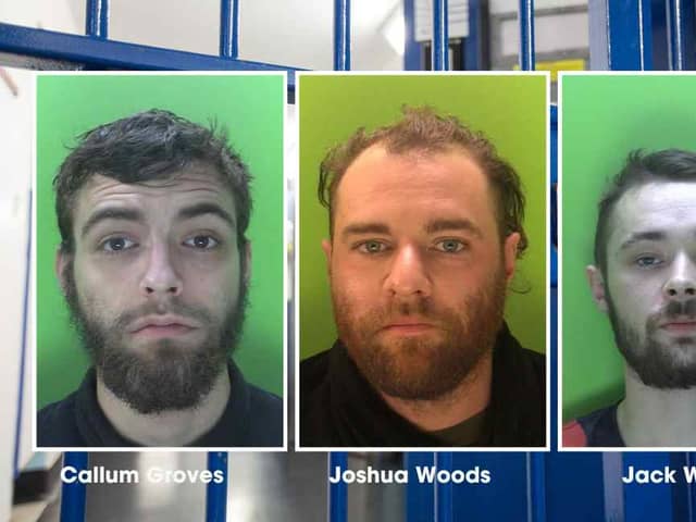 Callum Groves, Joshua Woods, and Jack Weston charged a convenience store and threatened a shopkeeper. 