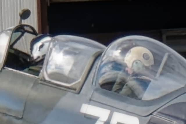 The Spitfire pilot and passenger preparing for take-off at Blackpool Airport. Picture credit: Jane Alder