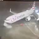 Plane blown away from airport gate by ferocious 80mph winds.