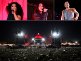 [Top L-R] SZA, Dua Lipa and Coldplay's Chris Martin will be headlining the Pyramid Stage (below) at this year's Glastonbury Festival 2024' but who is playing at what time and who is the secret act on Woodsies Stage on Saturday? (Credit: Getty Images)