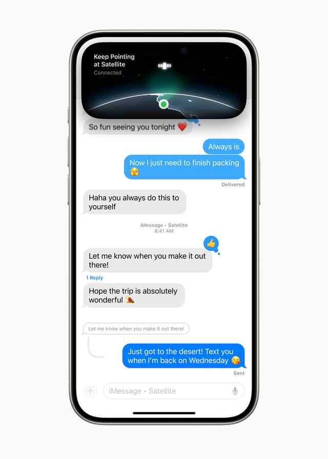Messages via satellite allows users to send and receive texts, emoji, and Tapbacks over iMessage and SMS when a cellular or Wi-Fi connection is not available. Photo by Apple